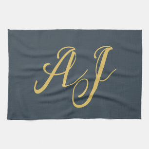 Charcoal Gold Color Monogram Professional Initial Tea Towel