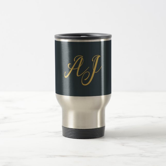 Charcoal Gold Color Monogram Professional Initial Travel Mug (Center)