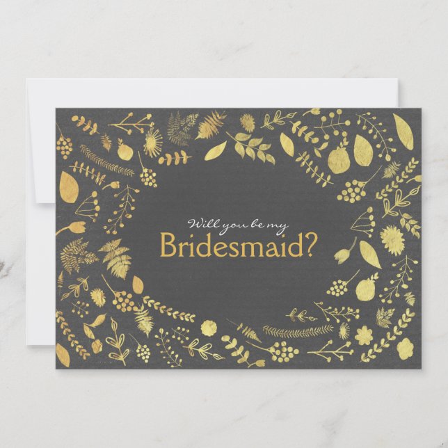 Charcoal Gold Floral Be My Bridesmaid etc. Card (Front)