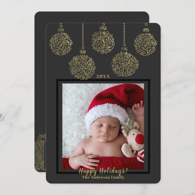 Charcoal Gold Ornaments Modern Holiday Photo #2 Invitation (Front/Back)