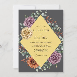Charcoal Gold Succulent Eucalyptus Wedding Invitation