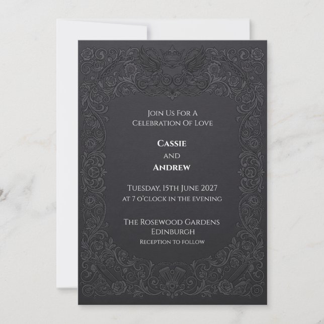 Charcoal Gothic Rose Raven Wedding Invitation (Front)