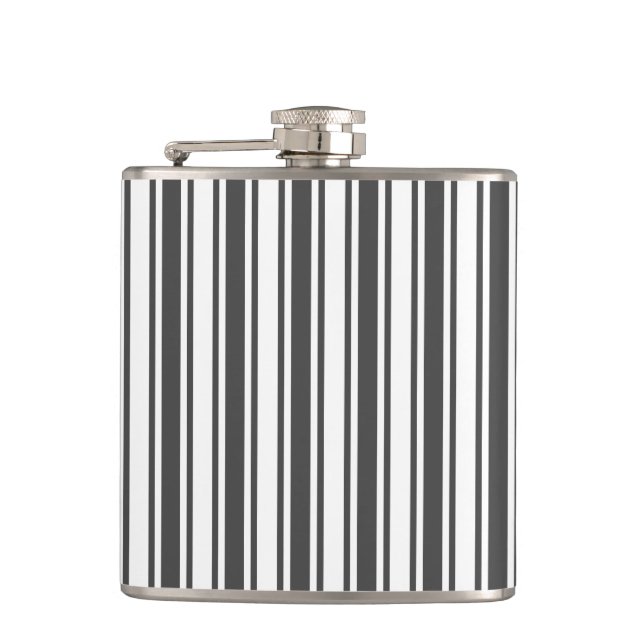 Charcoal gray and white candy stripes hip flask (Front)