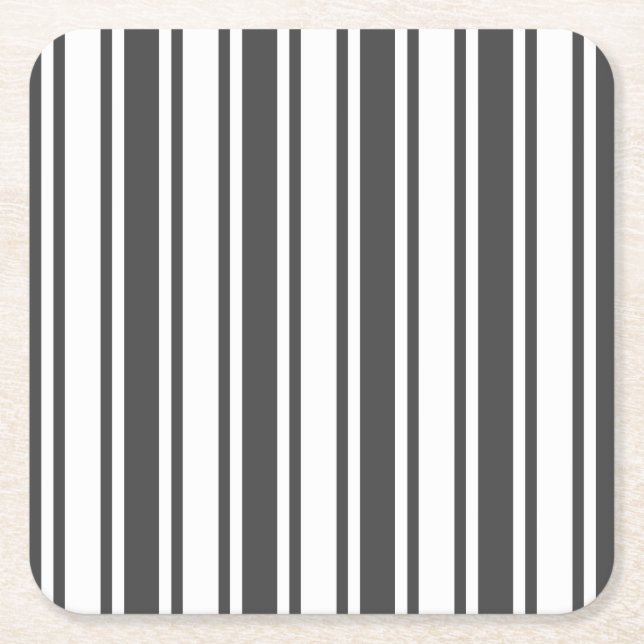 Charcoal gray and white candy stripes square paper coaster (Front)