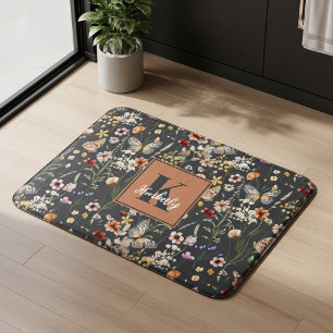 Charcoal Gray Boho Floral Monogrammed Bath Mat