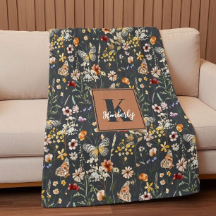 Charcoal Gray Boho Floral Monogrammed Fleece Blanket