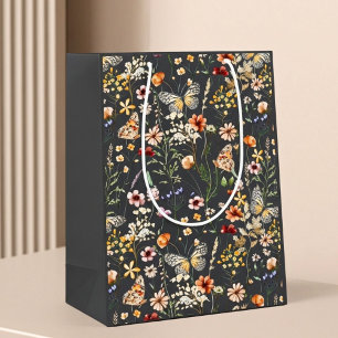 Charcoal Gray Boho Watercolor Wildflowers  Medium Gift Bag