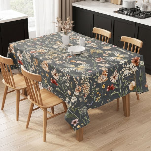 Charcoal Gray Boho Wildflowers Tablecloth