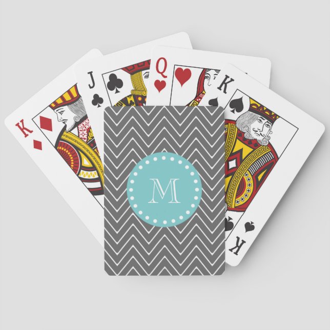 Charcoal Gray Chevron Pattern | Teal Monogram Playing Cards (Back)