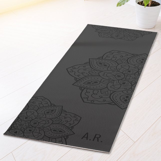 Charcoal Gray Decorative Mandala With Initials Yoga Mat (Creator Uploaded)