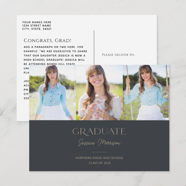 Charcoal Gray Graduate Script 3-Photo Graduation Postcard (Front/Back)