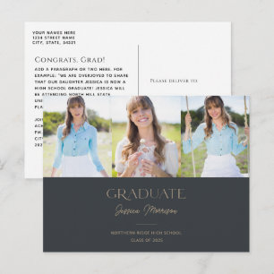 Charcoal Gray Graduate Script 3-Photo Graduation Postcard