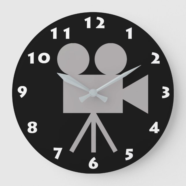 CHARCOAL GRAY RETRO MOVIE CAMERA AND WHITE NUMBERS LARGE CLOCK (Front)