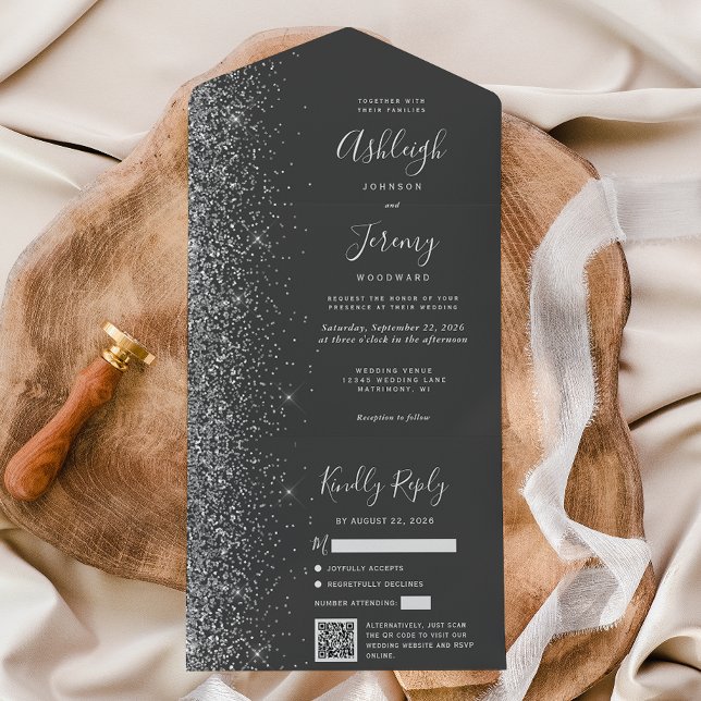 Charcoal Gray Silver Glitter QR Code Wedding All In One Invitation (Creator Uploaded)