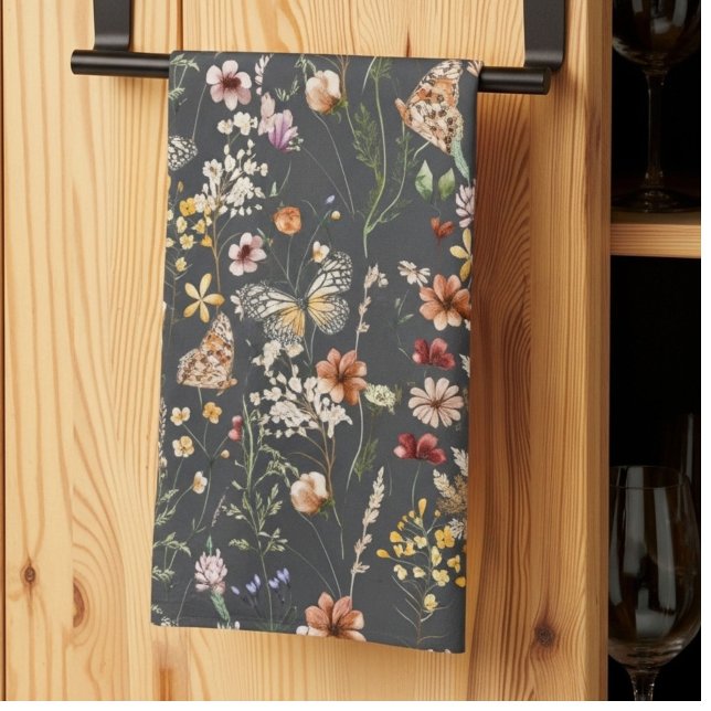 Charcoal Gray Watercolor Wildflowers Tea Towel (Creator Uploaded)
