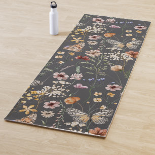 Charcoal Gray Watercolor Wildflowers  Yoga Mat