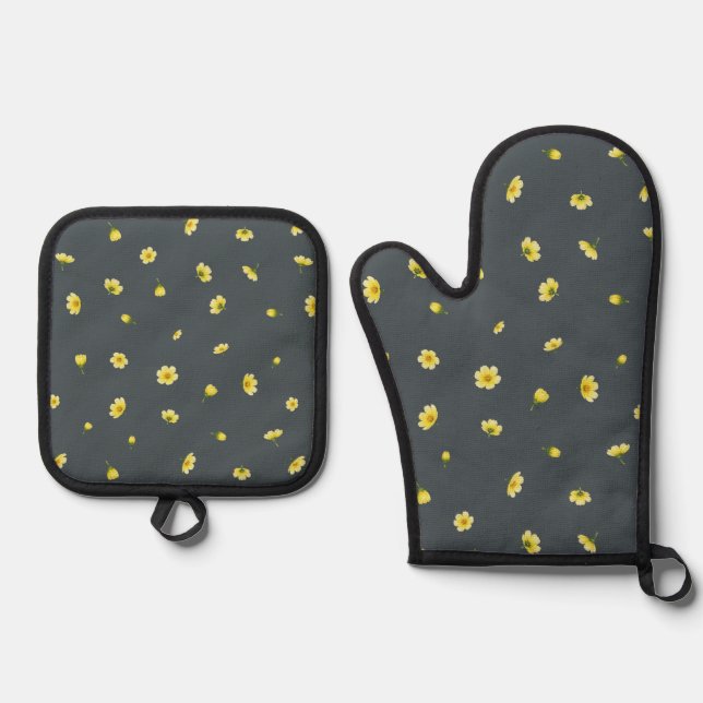 Charcoal Gray Winter Cosmos Floral Pattern Oven Mitt & Pot Holder Set (Front)