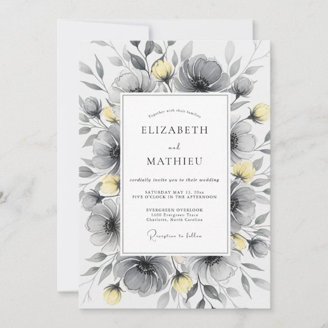 Charcoal Gray Yellow Polished Botanical Wedding Invitation (Front)
