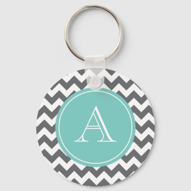 Charcoal Grey and Blue Chevron Custom Monogram Key Ring (Front)