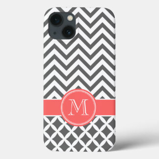 Charcoal Grey and Coral Chevron Monogram iPhone 13 Case