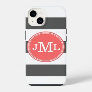 Charcoal Grey and Coral Wide Stripe Monogram iPhone 14 Case