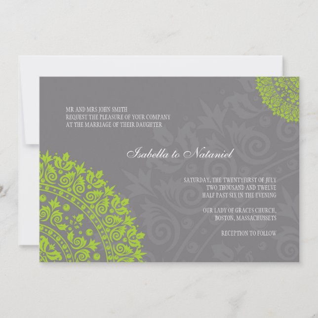 Charcoal Grey and Green Damask Wedding Invitation (Front)