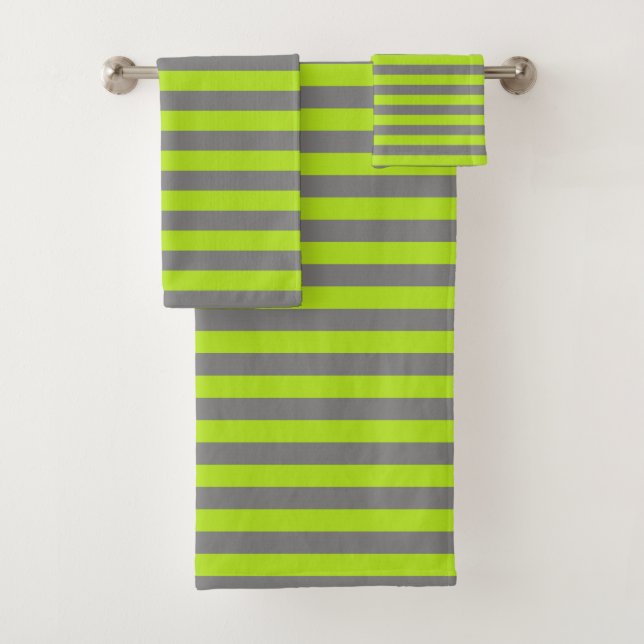 Charcoal Grey and Lime Green Stripes Bath Towel Set (Insitu)