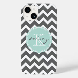 Charcoal Grey and Mint Chevron Custom Monogram Case-Mate iPhone 14 Case