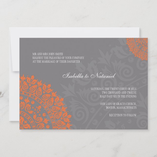 Charcoal Grey and Orange Damask Wedding Invitation (Front)