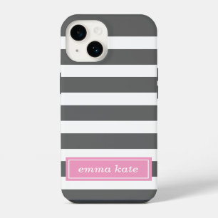 Charcoal Grey and Pink Preppy Stripes Monogram iPhone 14 Case