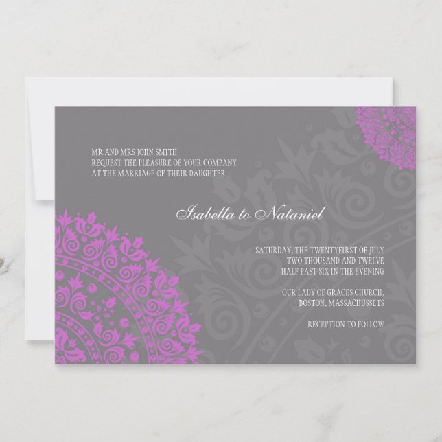 Charcoal Grey and Purple Damask Wedding Invitation (Front)