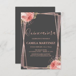 Charcoal Grey and Rose Gold Quinceanera Party Invitation