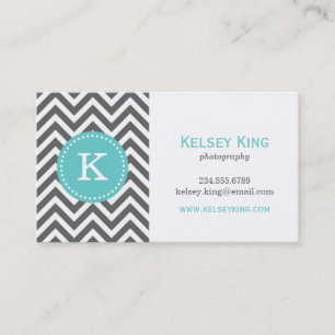 Charcoal Grey and Turquoise Chevron Monogram Business Card
