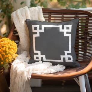 Charcoal Grey and White Greek Key   Editable Colou Cushion