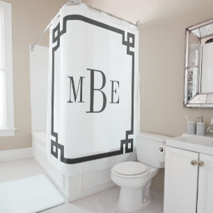 Charcoal Grey and White Greek Key Monogrammed Shower Curtain