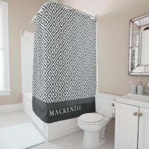 Charcoal Grey and White Greek Key Name Monogram Shower Curtain