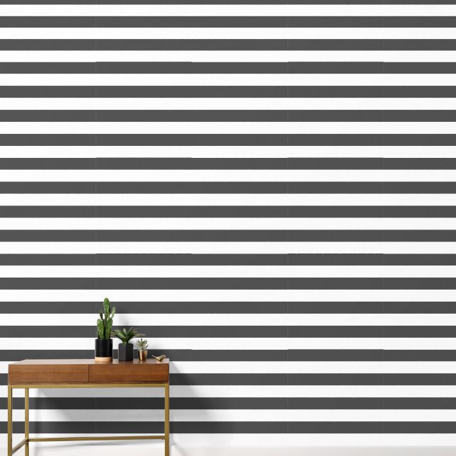 Charcoal Grey and White Wide Horizontal Stripes Wallpaper (Hallway)