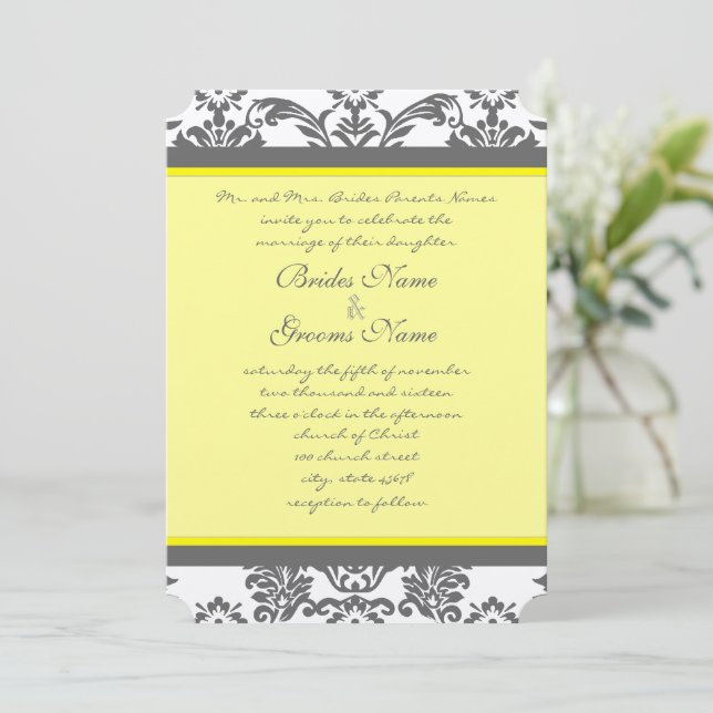 Charcoal Grey and Yellow Wedding Invitations (Standing Front)