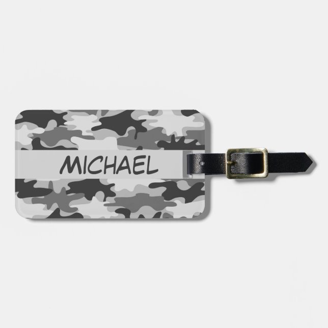 Charcoal Grey Camo Camouflage Name Personalised Luggage Tag (Front Horizontal)