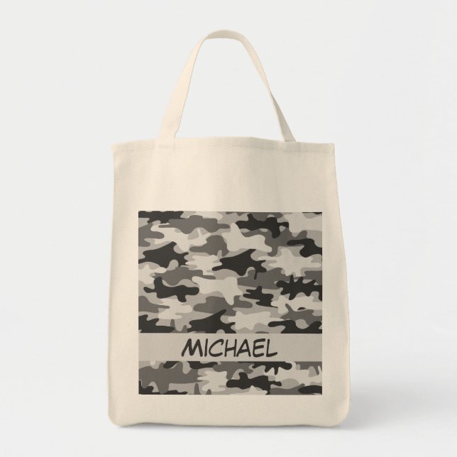 Charcoal Grey Camo Camouflage Name Personalised Tote Bag (Front)