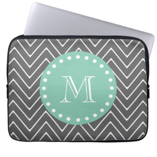 Charcoal Grey Chevron Pattern Mint Green Monogra Laptop Sleeve