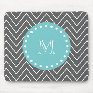 Charcoal Grey Chevron Pattern Teal Monogram Mouse Pad