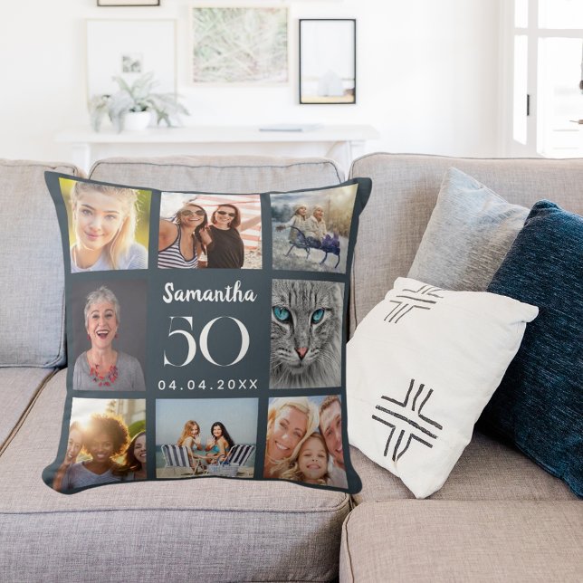 Charcoal grey custom photo collage birthday cushion (Creator Uploaded)