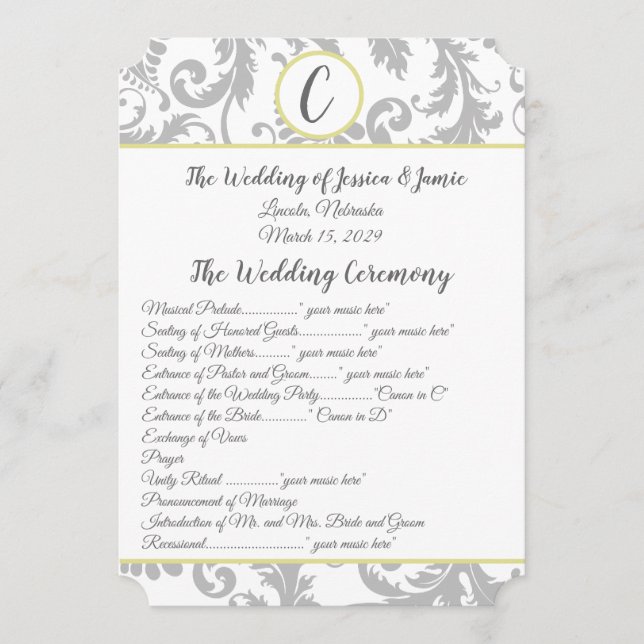 Charcoal Grey Damask Yellow Trim Wedding Program Programme (Front)