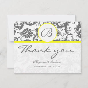 Charcoal Grey Damask Yellow Wedding Thank You Card