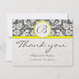 Charcoal Grey Damask Yellow Wedding Thank You Card