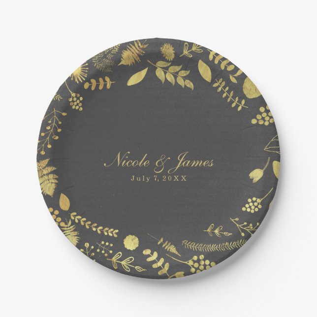 Charcoal Grey & Faux Gold Floral Wedding Plates (Front)