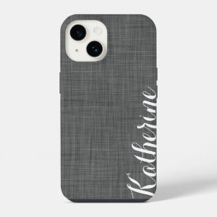 Charcoal Grey Faux Linen Texture Custom Monogram iPhone 14 Case