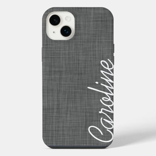 Charcoal Grey Faux Linen Texture Custom Monogram iPhone Case (Back)