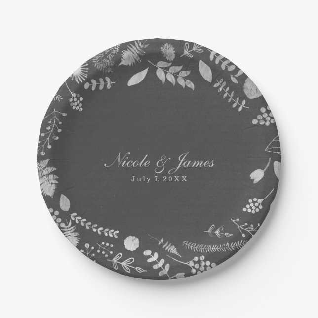 Charcoal Grey & Faux Silver Floral Wedding Plates (Front)